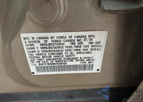 2006 Honda Pilot Ex-L from USA, damaged, VIN 2HKYF18586H559430